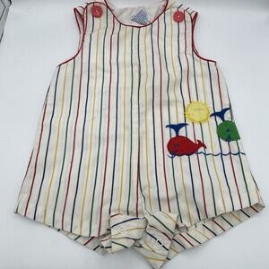 VTG Nursery Rhyme Fish‎ Primary Color Stripes Jon Jon/Shortall/Romper 24 Months